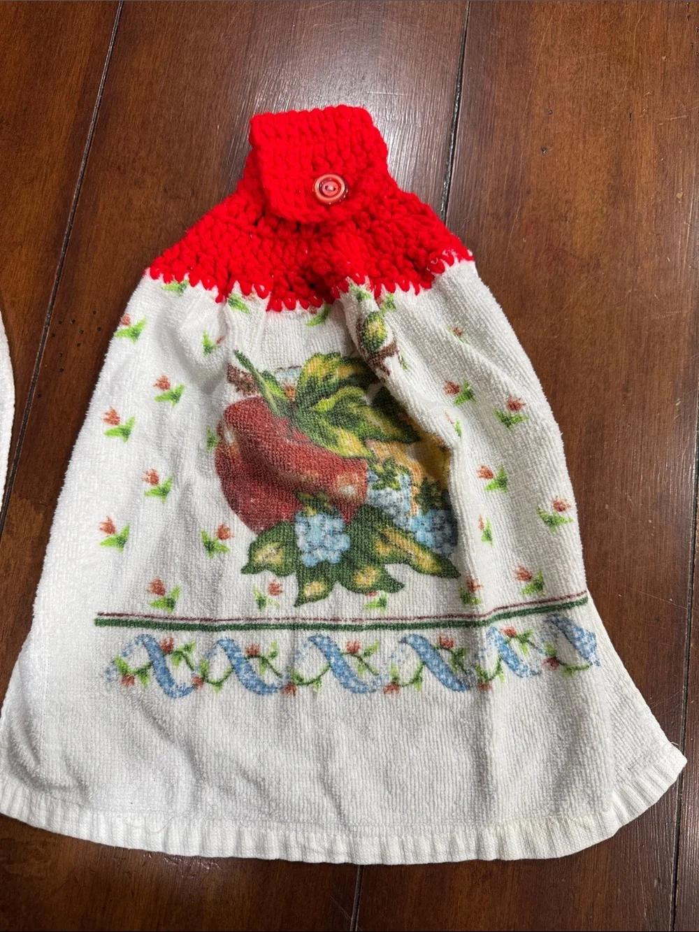 Set of 3 Hanging Kitchen Dish Towels Hand Crochet Button Topper Cottagecore